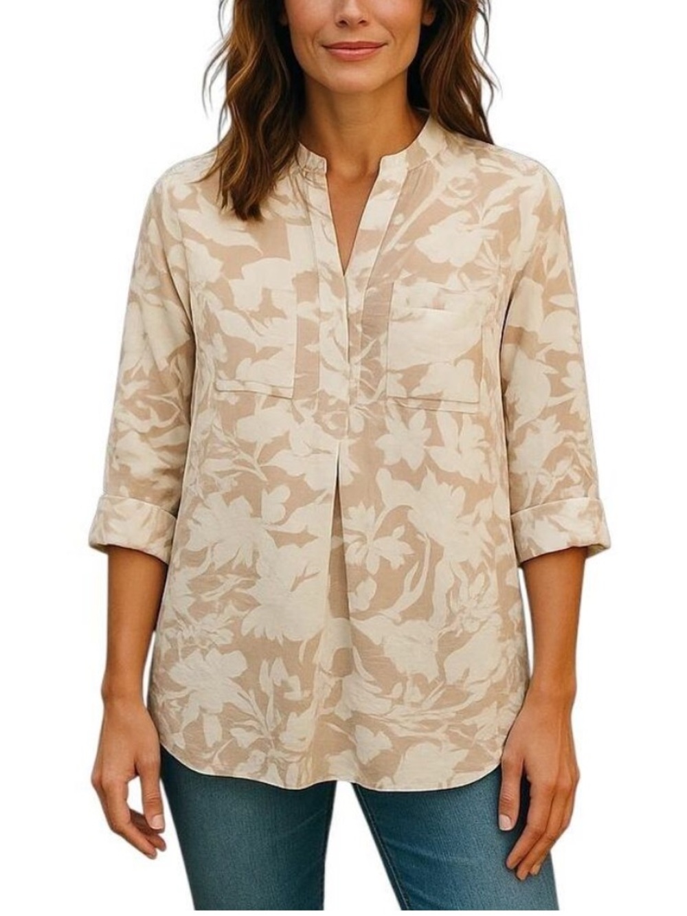 Soft Surroundings Roselyn Floral Tunic Top Tan White Coastal Beach Neutral Small